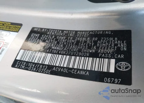 2007 Toyota Camry Le z USA, uszkodzony, nr VIN 4T1BE46K27U129026